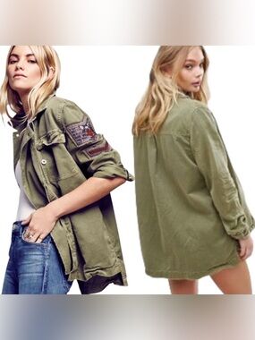 NEW Free People Embellished military jacket size L beaded eagle badge grunge